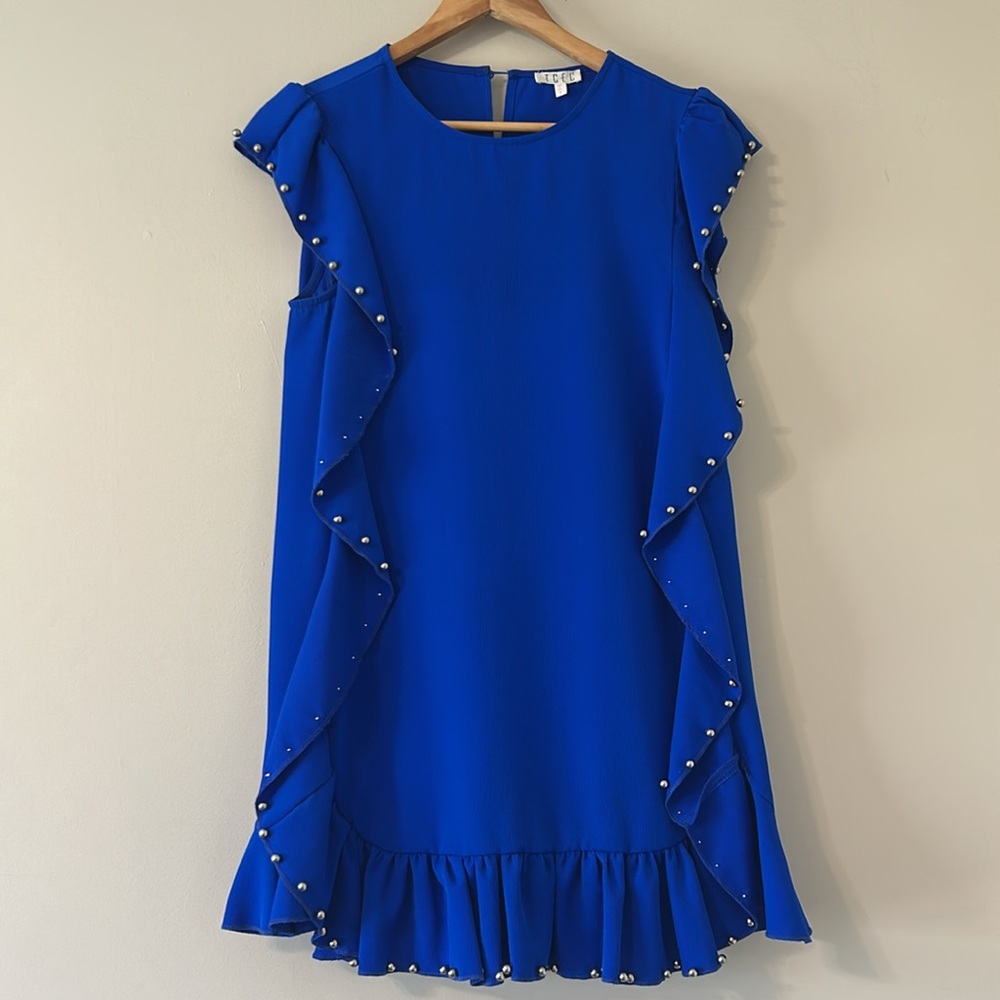 TCEC Blue Ruffle Mini Dress Embellishment With Silver Bauble Balls Size Small - Picture 2 of 7